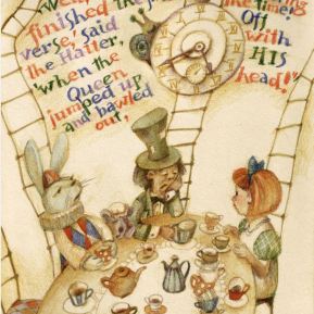 Alice in Wonderland: drawing/lettering composition. Watercolors, colored pencils